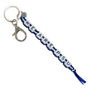 blue and white keychain with split ring, lobster claw, and beads that spell We Are PSU